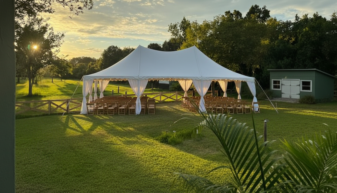 Farm venue setup with elegant tent for outdoor ceremony
