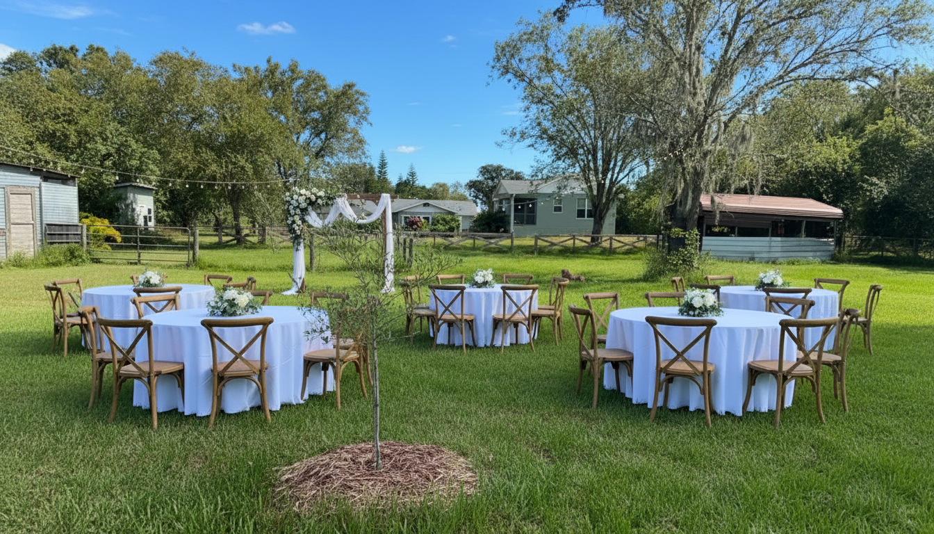 Farm venue reception setup with tables and decorated arch